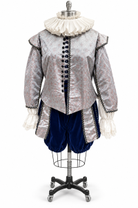 Silver Elizabethan Player King costume for Hamlet with ruff and navy trunk hose
