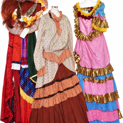 Three restored colorful Hello Dolly Ernestina costume options with period hat
