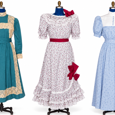 Three refreshed Hello Dolly Minnie Fay day dresses in teal, floral white and pale blue