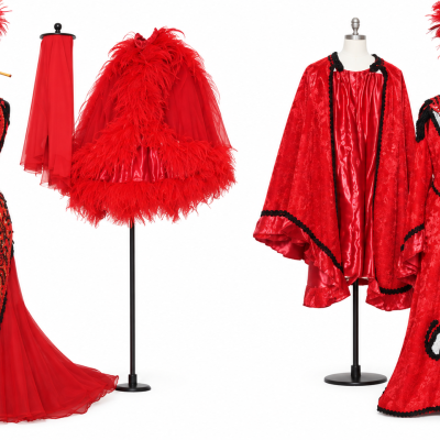 Two restored red Hello Dolly evening costume ensembles with feathered accessories