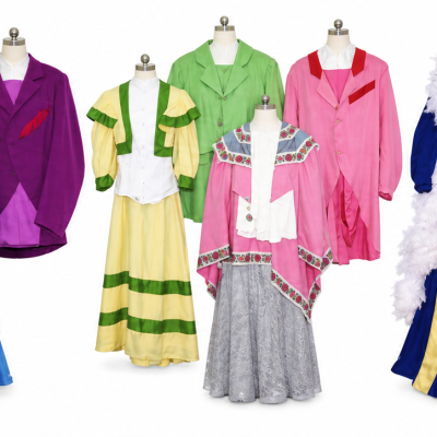 Colorful restored Hello Dolly Sunday Clothes ensemble costumes and coordinating accessories