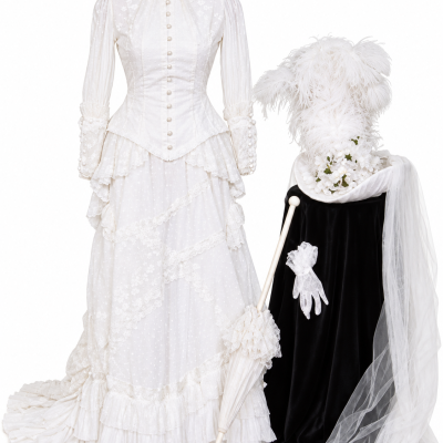 Restored white Hello Dolly wedding-call dress with feathered hat, veil, gloves and parasol